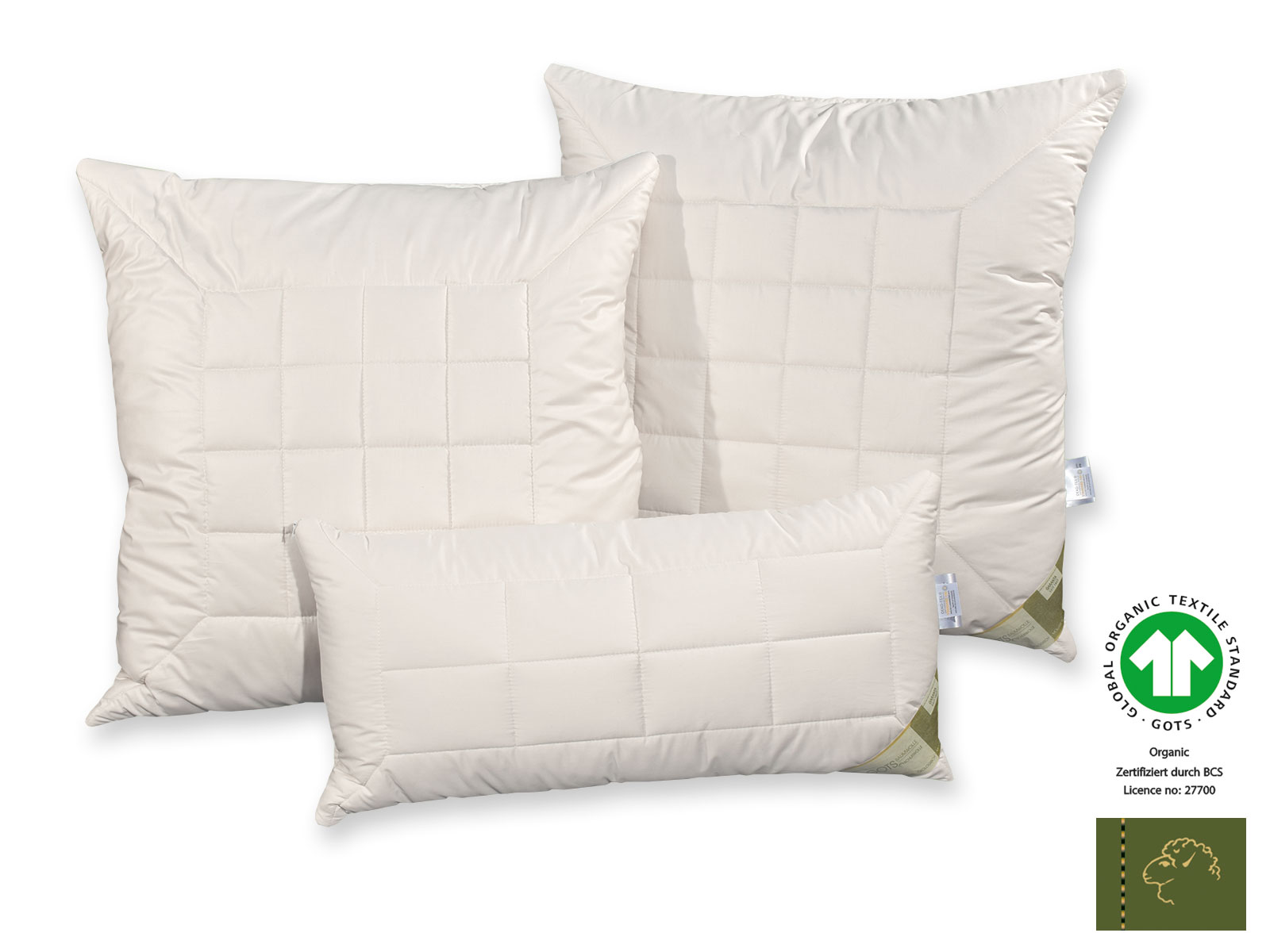 Bio-Schurwolle GOTSorganic Kopfkissen mit Schurwollvlies, 40 x 80 cm und 80 x 80 cm