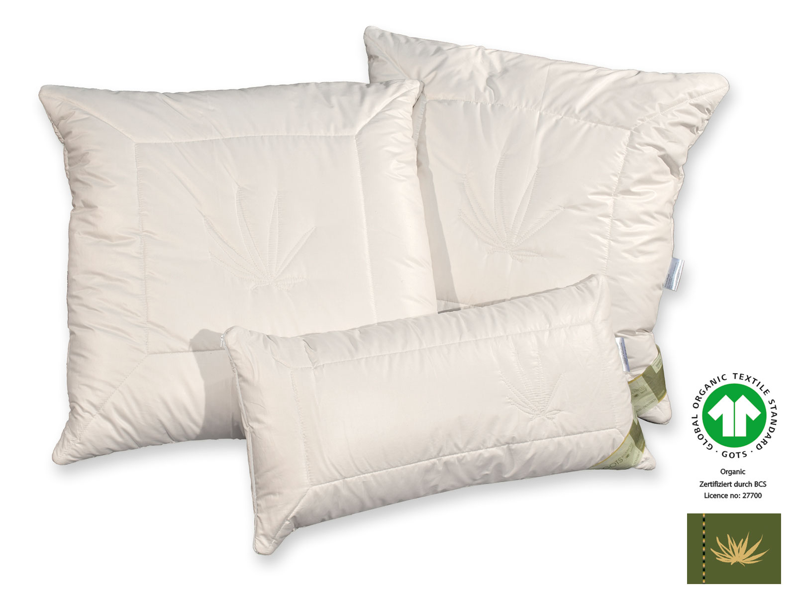 Bio-Hanf GOTS organic Kopfkissen mit Schurwollvlies, 40 x 80 cm und 80 x 80 cm